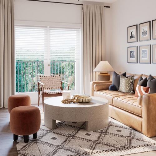 a living room with a fan