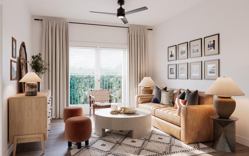 a living room with a fan